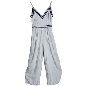 Japna Embroidered Blue Striped‎ Jumpsuit Smocked BOHO Chic Resortwear Size S